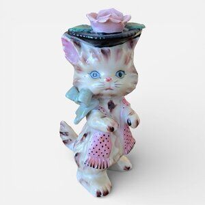 Vintage Norcrest Miss Kitty Figurine Anthromorphic Cat With Pink Scarf Rose Hat